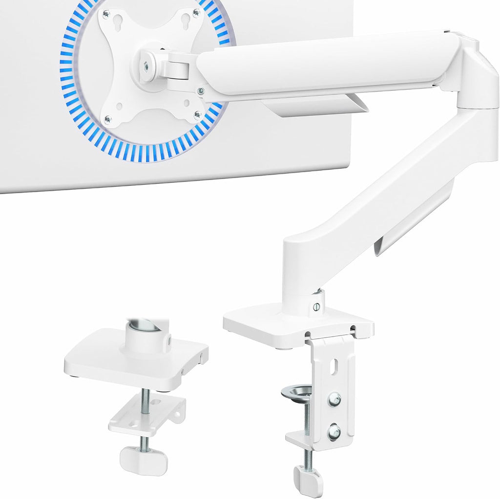 VIVO Soporte para monitor individual, brazo totalmente ajustable para pantalla de 17 a 32 pulgadas, soporte de escritorio articulado mecánico, configuraciones de juegos y oficina, VESA 75x75, 100x100, máximo 19.8 libras, clásico, blanco, STAND-V001OW