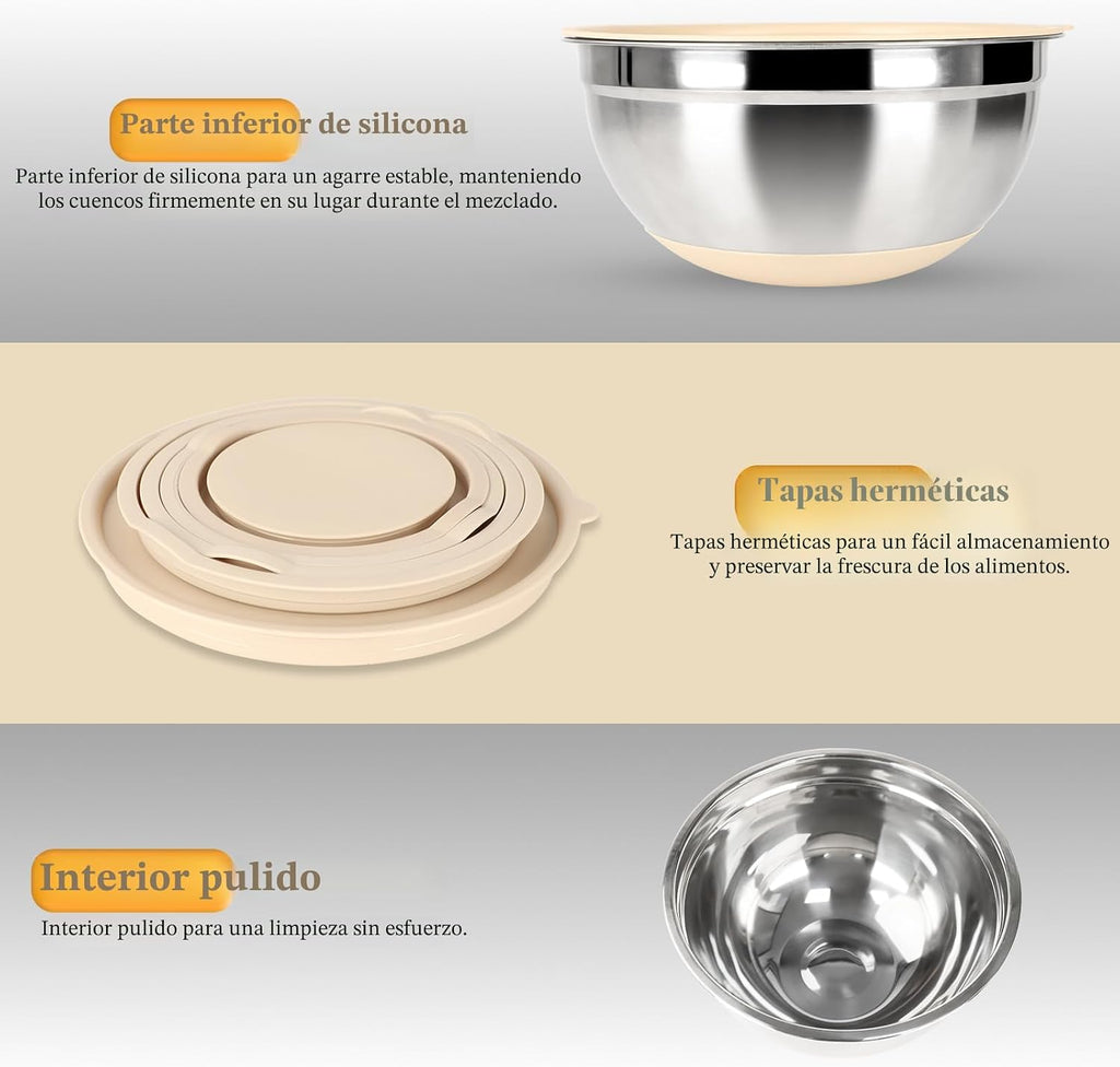 Juego de tazones para mezclar con tapas herméticas, juego de 20 utensilios de cocina, 6 cuencos de acero inoxidable, 3 accesorios para rallar, parte inferior de silicona antideslizante, ideal para