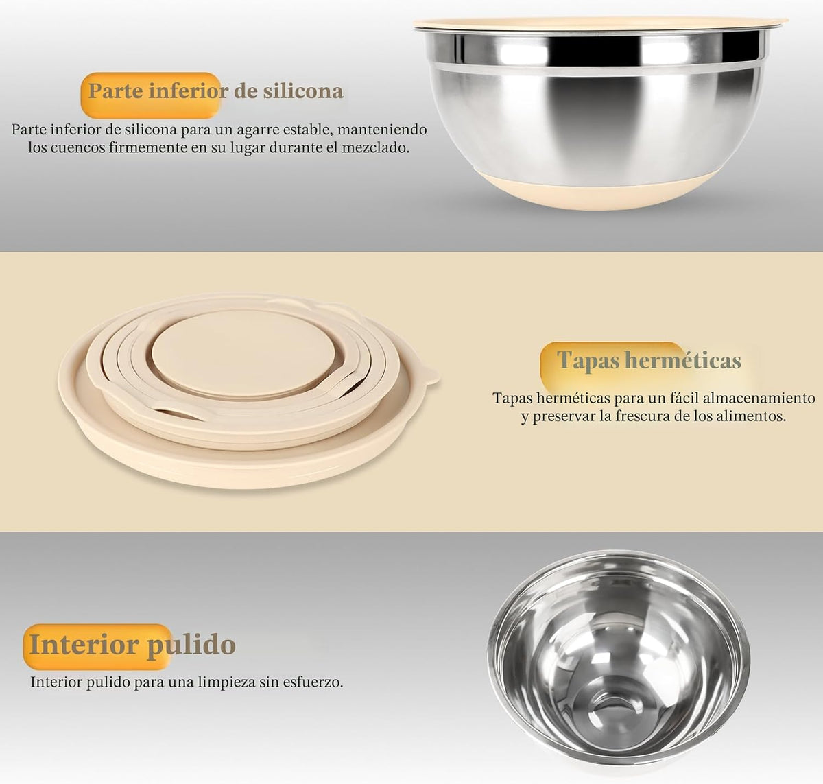 Juego de tazones para mezclar con tapas herméticas, juego de 20 utensilios de cocina, 6 cuencos de acero inoxidable, 3 accesorios para rallar, parte inferior de silicona antideslizante, ideal para