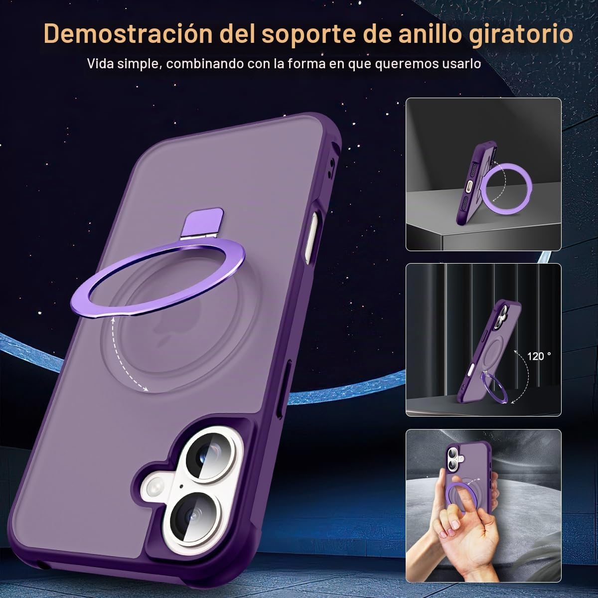 SKYLMW - Funda compatible con iPhone 16 con soporte magnético invisible tipo anillo, funda de grado militar para iPhone 16 de 6.1 pulgadas, compatible con MagSafe, gran sensación de agarre, morado