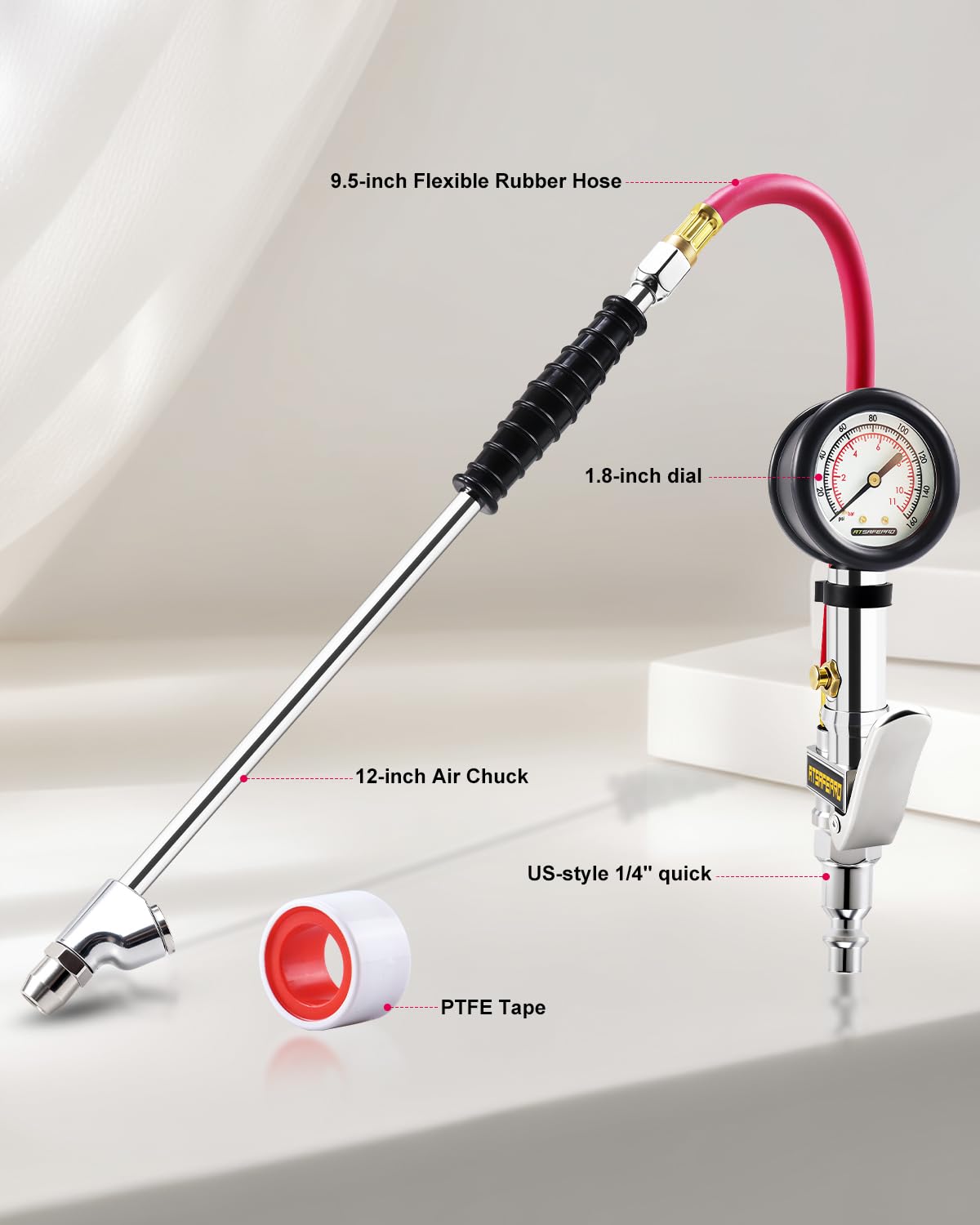ATsafepro Inflador de neumáticos con manómetro, 10-160 PSI, mandril...