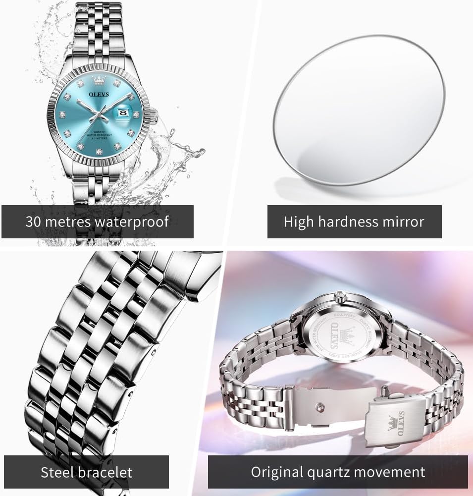 OLEVS Reloj de pulsera analógico de cuarzo para mujer, de acero inoxidable, impermeable, luminoso, de dos tonos, para mujer