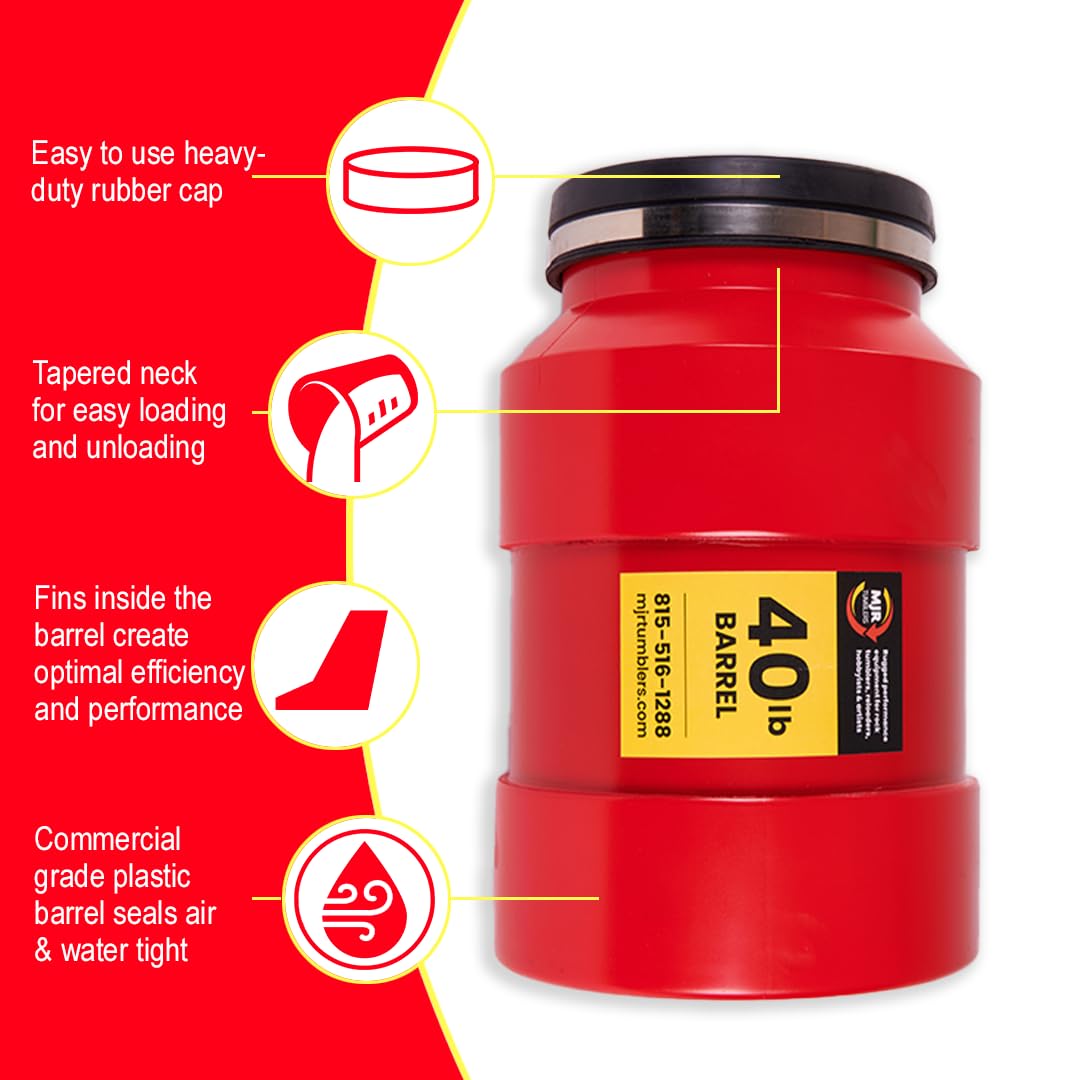 Pulidor de Rocas de Servicio Comercial de 40 libras con Kit de Abrasivo Gratuito. Capaz de operar con 18 tamaños y combinaciones de barril diferentes. Calidad y durabilidad inigualables