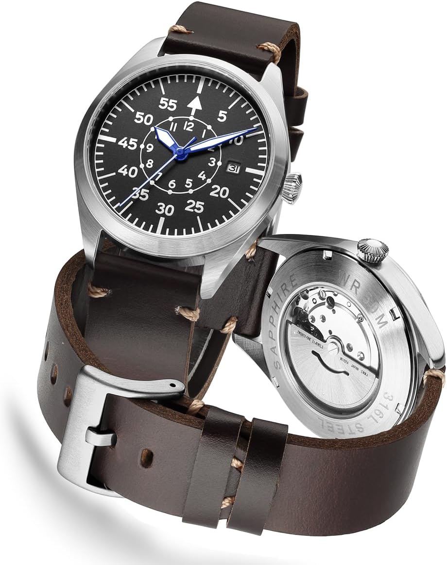 Boyarca Pilot Watch - Reloj de pulsera de aviador para hombre, movimiento automático, retro, caja de acero inoxidable con luminoso impermeable