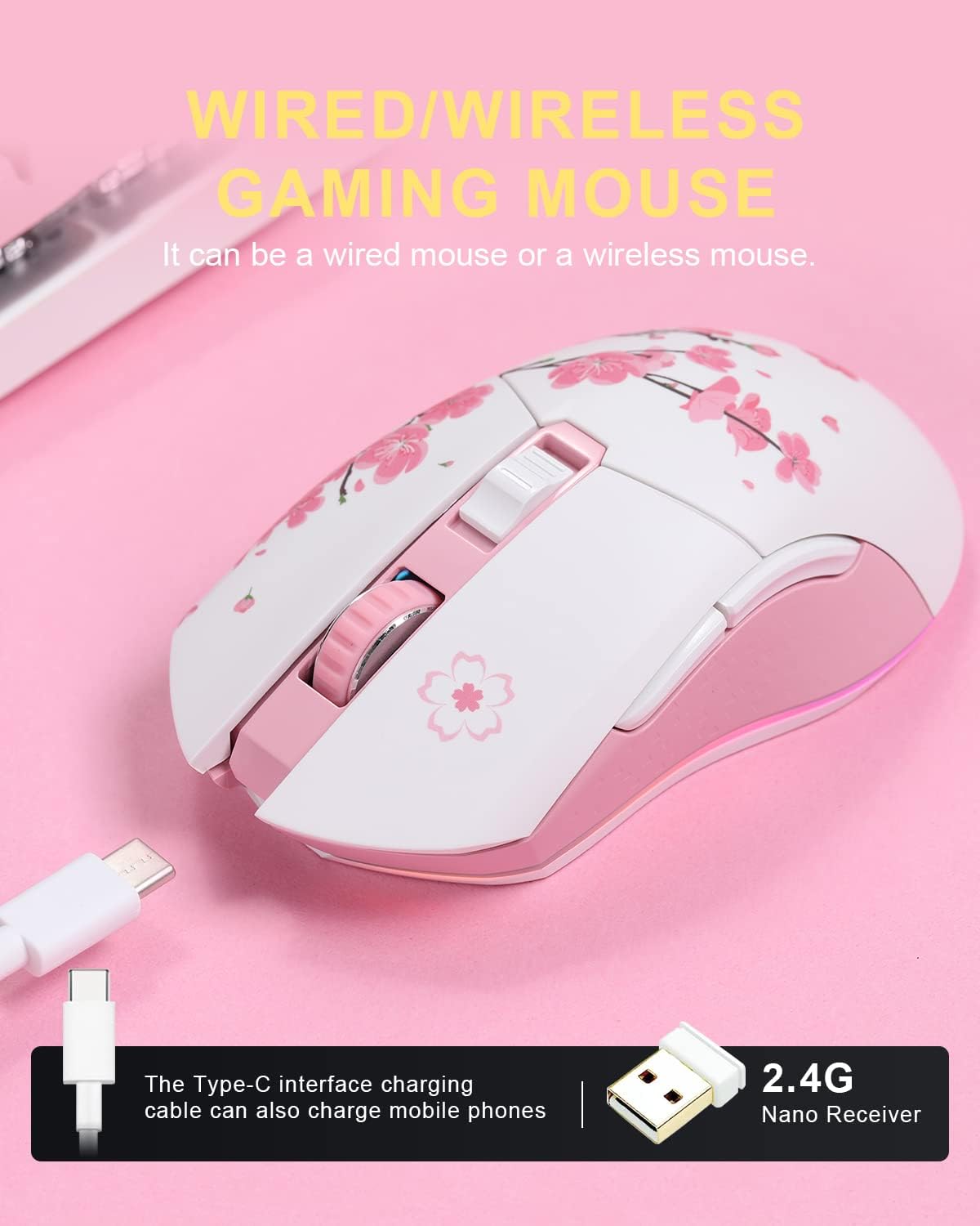 DAREU Sakura Pink - Ratón inalámbrico con cable para juegos, modo d...