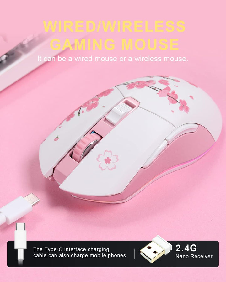 DAREU Sakura Pink - Ratón inalámbrico con cable para juegos, modo d...