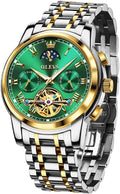 OLEVS Relojes automáticos de cuerda automática para hombre, calendario de fecha, día de día, reloj de acero inoxidable, movimiento de esqueleto, Tourbillon, sin batería, relojes impermeables para hombre, Un reloj verde, redondo, Reloj de esqueleto