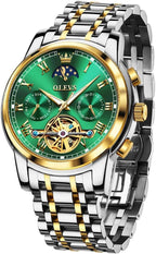 OLEVS Relojes automáticos de cuerda automática para hombre, calendario de fecha, día de día, reloj de acero inoxidable, movimiento de esqueleto, Tourbillon, sin batería, relojes impermeables para hombre, Un reloj verde, redondo, Reloj de esqueleto