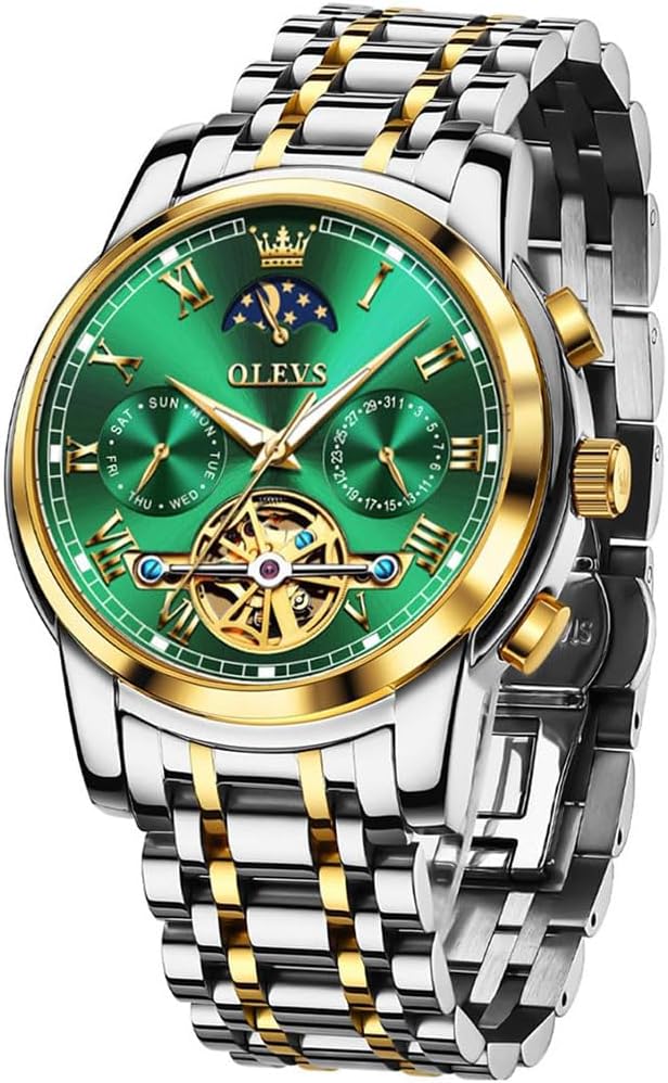 OLEVS Relojes automáticos de cuerda automática para hombre, calendario de fecha, día de día, reloj de acero inoxidable, movimiento de esqueleto, Tourbillon, sin batería, relojes impermeables para hombre, Un reloj verde, redondo, Reloj de esqueleto