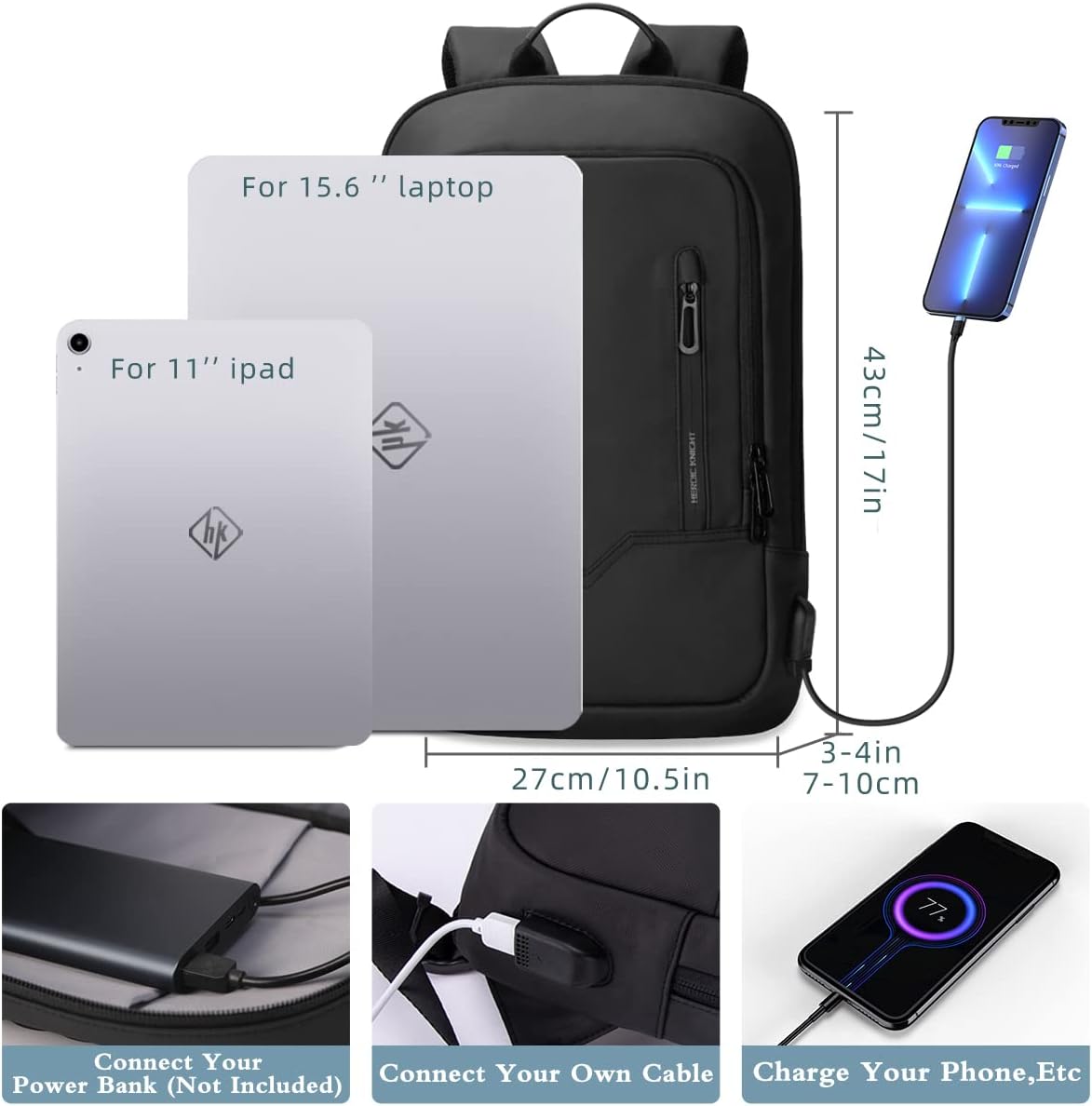 HK - Mochila para hombre, bolsa delgada para computadora portátil de 15,6