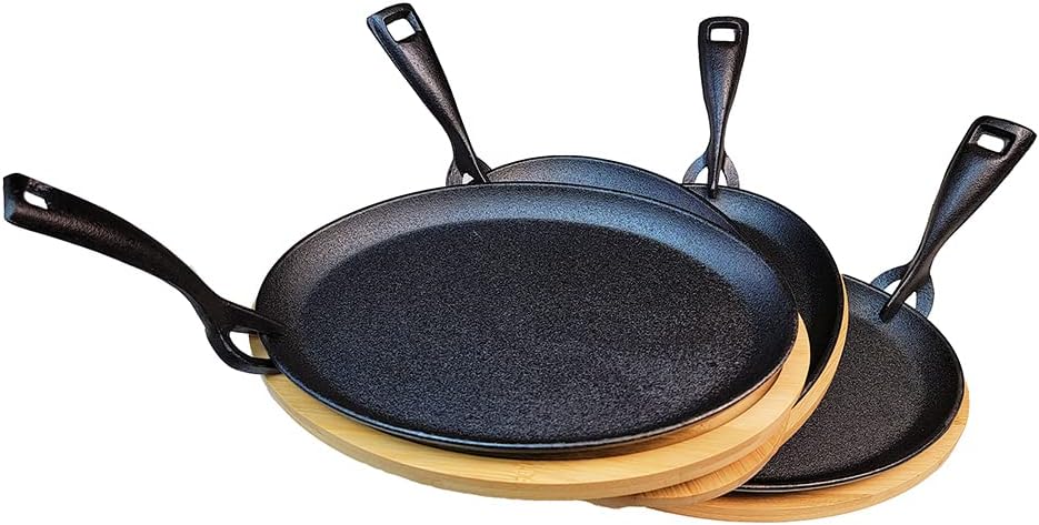 HAWOK Fajita de hierro fundido con bandeja de bambú y asa Juego de 4