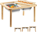 FUNLIO Mesa sensorial de madera para niños pequeños de 1 a 5 años, mesa de actividades para niños de 3 niveles de altura ajustable con tapa de madera contrachapada antideformación, mesa de arena y agua para interiores y exteriores, certificado CPC