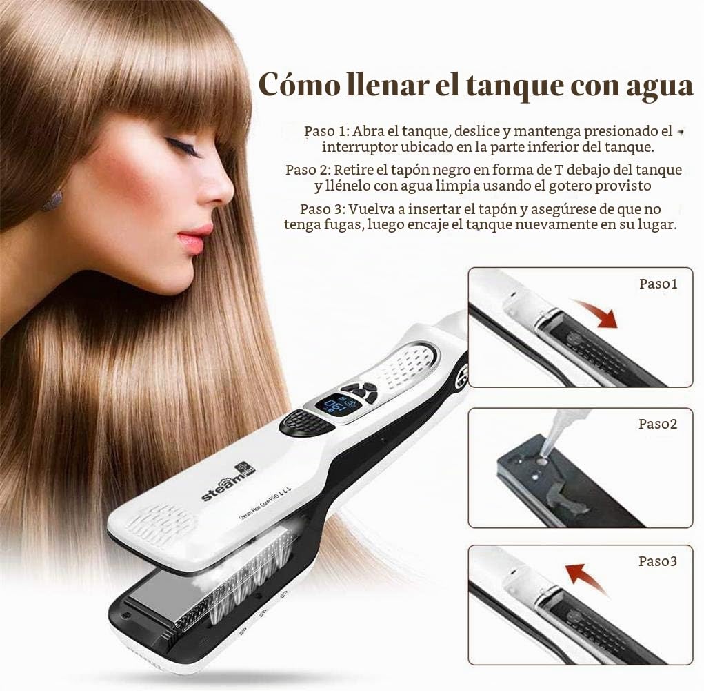 Plancha de pelo profesional a vapor, cepillo eléctrico de vapor ráp...