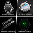 OLEVS Reloj de vestir automático mecánico de lujo para hombre, correa de cuero marrón y negro, impermeable, casual, de negocios, de cuerda automática, fácil de leer, relojes para hombre