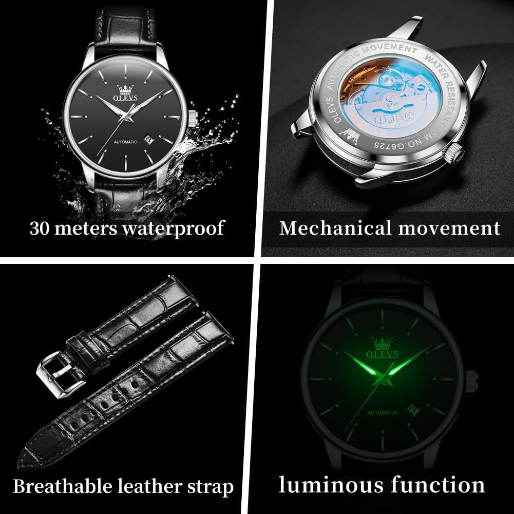 OLEVS Reloj de vestir automático mecánico de lujo para hombre, correa de cuero marrón y negro, impermeable, casual, de negocios, de cuerda automática, fácil de leer, relojes para hombre