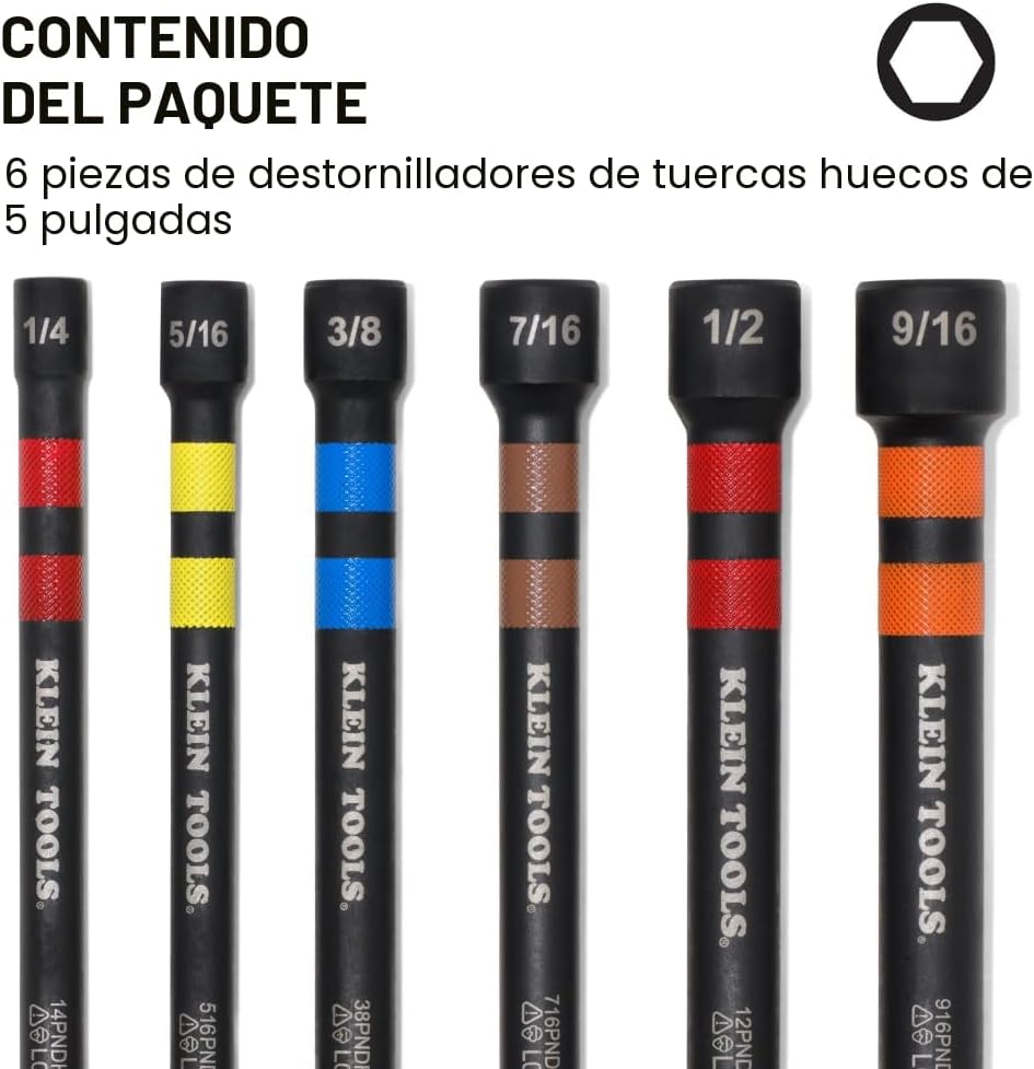 Klein Tools 32940 SAE Juego de Llaves de Tuercas de Impacto Huecas Magnéticas, 6 Piezas Codificadas por Color Llave de Tuercas Hueca de Potencia con Alcance Extendido, 6 Tamaños SAE