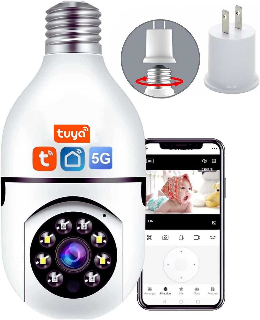 TUYA WiFi 1080P Cámara de vigilancia inteligente para el hogar con alarma de detección de movimiento, visión nocturna, visión nocturna, conversación bidireccional para interiores E27
