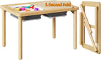 FUNLIO Mesa sensorial plegable de madera con 2 contenedores para niños pequeños, mesa sensorial para niños con tapa de madera contrachapada antideformación, juego de arena y agua para interiores y exteriores, certificado CPC