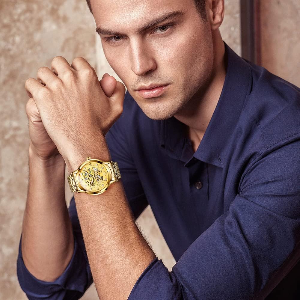 Reloj mecánico automático para hombre OLEVS Gold Skeleton, autoviento, de lujo para vestir, brillante con diamantes, acero inoxidable, resistente al agua, luminoso, de pulsera