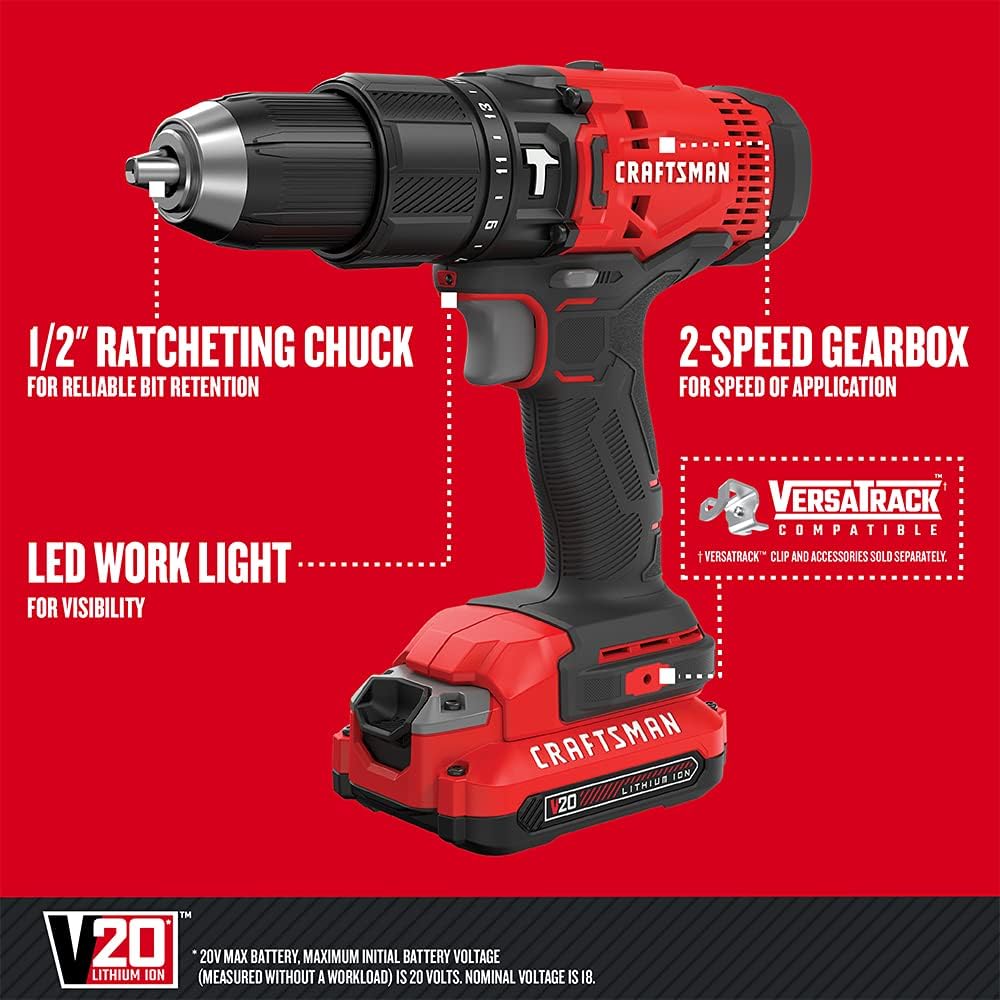 CRAFTSMAN V20 Kit de taladro de martillo inalámbrico, 1/2 pulgada, 2 baterías y cargador incluidos (CMCD711C2)