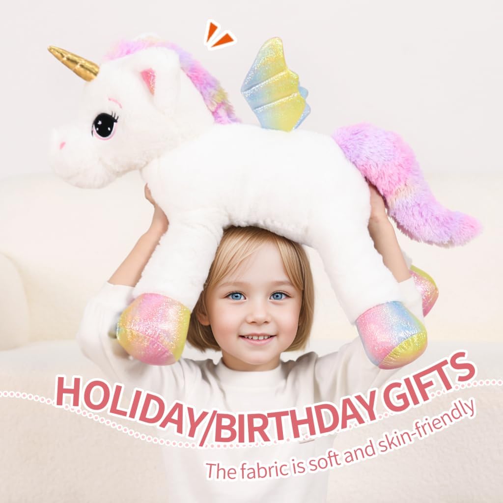 Almohada de Juguete de Peluche de Unicornio Grande de 24 Pulgadas, Lindo Unicornio Gigante Suave con Alas de Arcoíris Muñeca Grande, Regalo para Niños, Niñas, Chicos, San Valentín, Cumpleaños