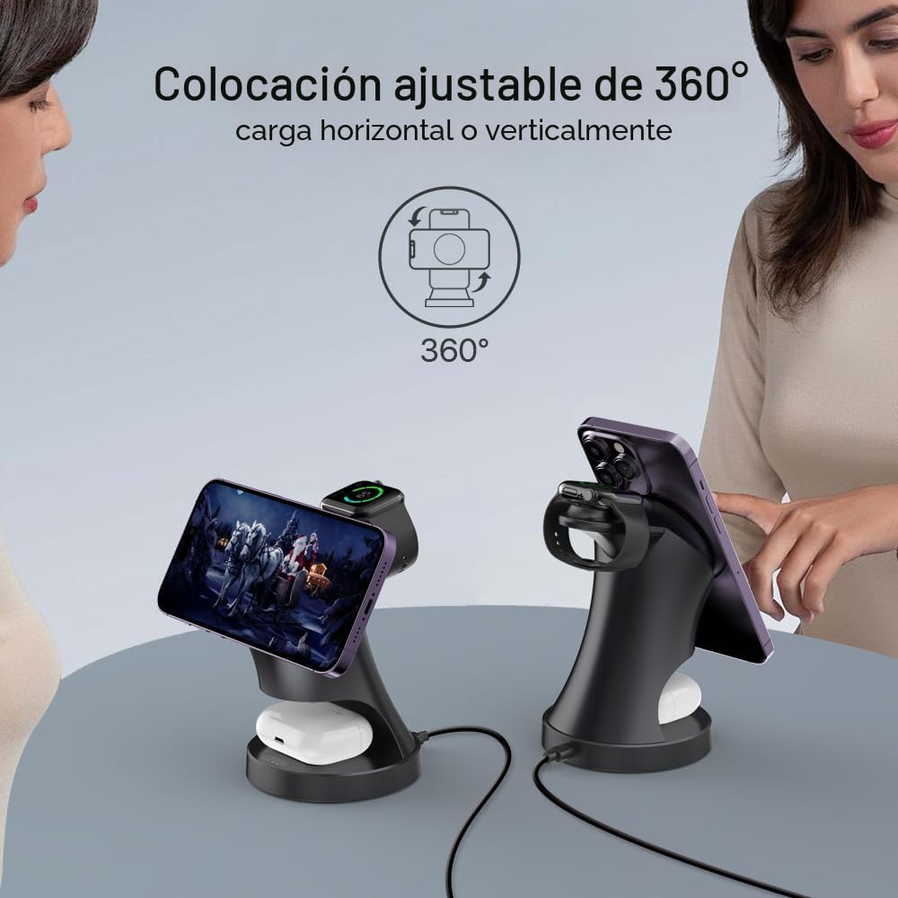 Estación de carga inalámbrica 3 en 1 para dispositivos Apple, cargador Magsafe para iPhone 17 16 15 14 13 12 Pro/Max/Plus/Mini estación de carga inalámbrica para AirPods 2/3/4/Pro iWatch Ultra11/10/9/8/7/SE/6/5/4/3/2