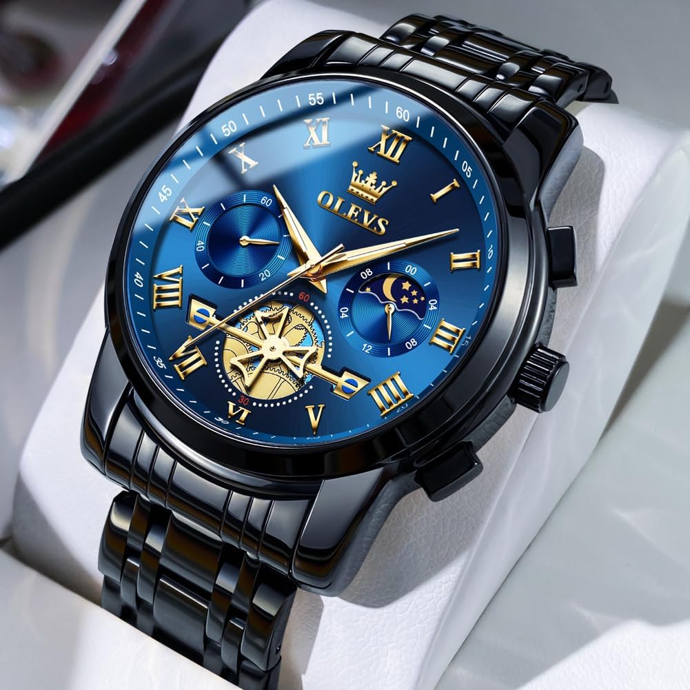 OLEVS Relojes para hombre, resistente al agua, de lujo, gran cara, reloj analógico de cuarzo de acero inoxidable, relojes de vestir analógicos para hombre, luminoso, multifuncional, reloj de hombre