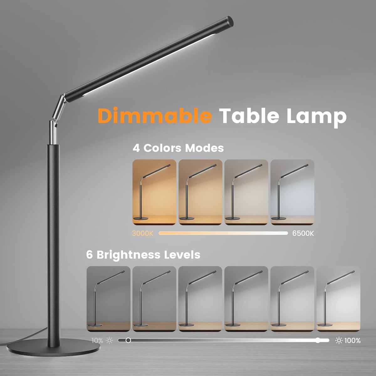 Lámpara Lámpara de escritorio LED de metal, luz de escritorio regulable de 16 pulgadas con base, 15 W 1200 lm, adaptador incluido, color y brillo ajustable, lámpara de mesa alta moderna para oficina en casa, lectura, estudio, tareas, laptop, negro
