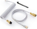 Cable de teclado en espiral USB C Starlight para teclado de juegos, cable de teclado mecánico de doble funda con aviador metálico desmontable, 1.5M USB-C a USB-A, color blanco con conector de
