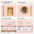 Cocina de juego de madera rosa con luz y sonido, fregadero de juguetes y dispensador de agua con agua real, juego de cocina grande para niñas con lavadora, regalos premium para niños de más de 3 años