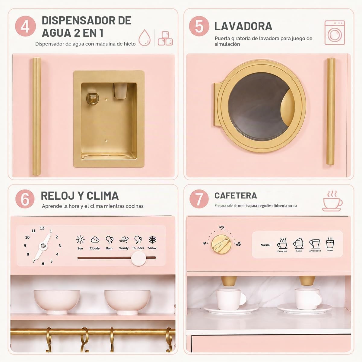 Cocina de juego de madera rosa con luz y sonido, fregadero de juguetes y dispensador de agua con agua real, juego de cocina grande para niñas con lavadora, regalos premium para niños de más de 3 años