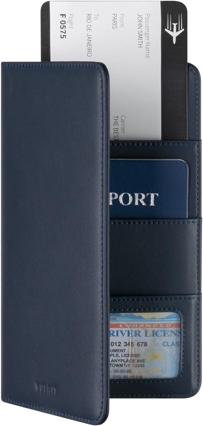 VULKIT Billetera para pasaporte, con bloqueo RFID, cartera de viaje para hombres y mujeres, Azul marino, Talla única, Cartera de viaje