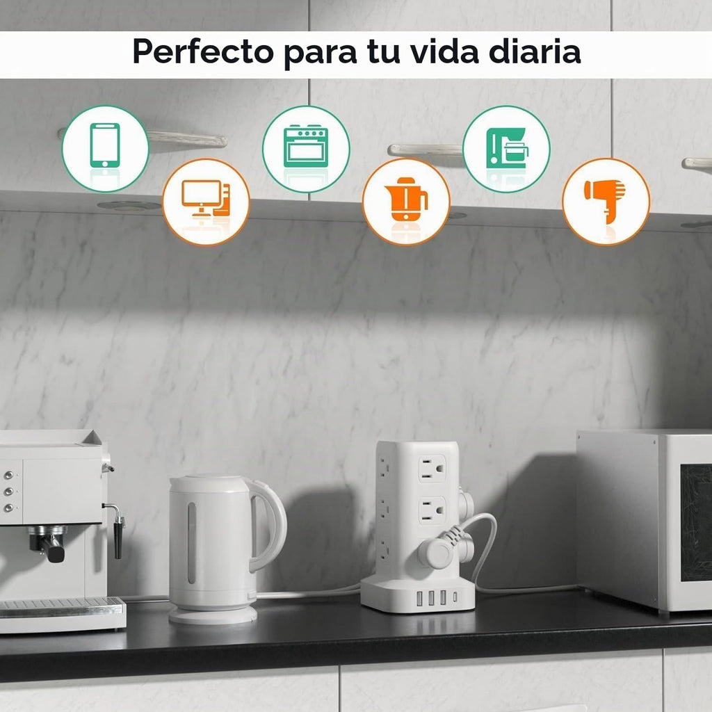 Regleta de alimentación con 12 tomas, 4 USB (1 USB C), cable de extensión de 10 pies con múltiples tomas, estación de carga, torre de regleta de alimentación, suministros de escritorio de oficina en