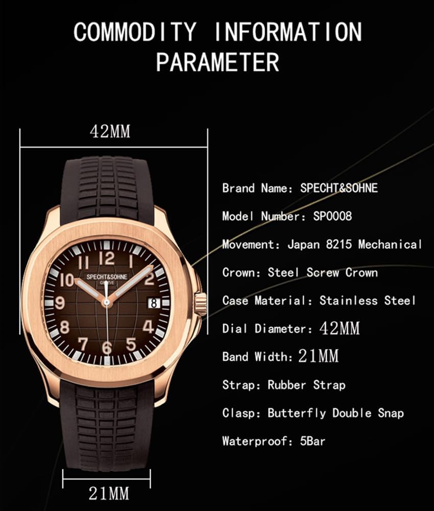 Relojes Specht & Söhne para hombres Movimiento Miyota 8215 de Japón Reloj deportivo Movimiento clásico Automático Mecánico Reloj de pulsera para hombre Correa de goma Impermeable 40MM