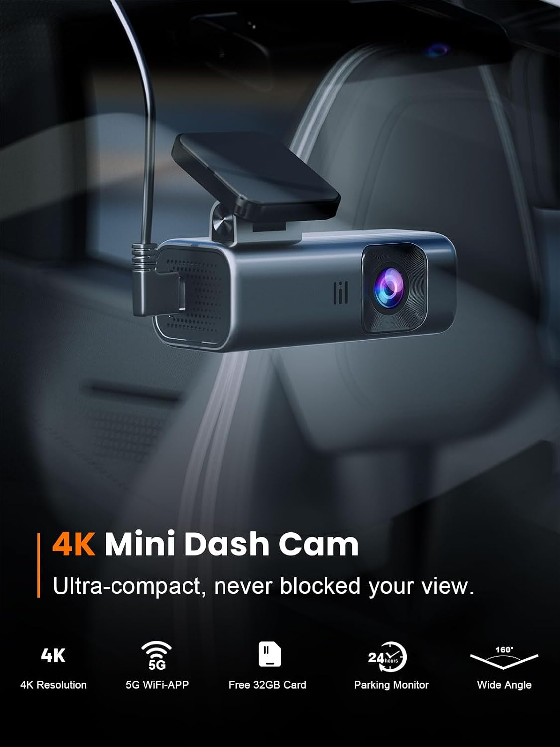 Cámara de tablero 4K frontal, WiFi de 5 GHz, tarjeta de 32 GB incluida, cámara de salpicadero mini