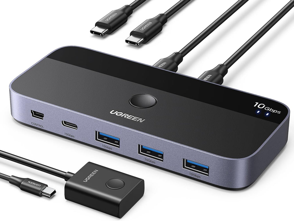 UGREEN Interruptor USBC 2 computadoras comparten 4 puertos USB 3.2, selector de conmutador de 10 Gbps para PC, portátil, teclado, ratón, adaptador de interruptor compartido con 2 cables de datos USB-C