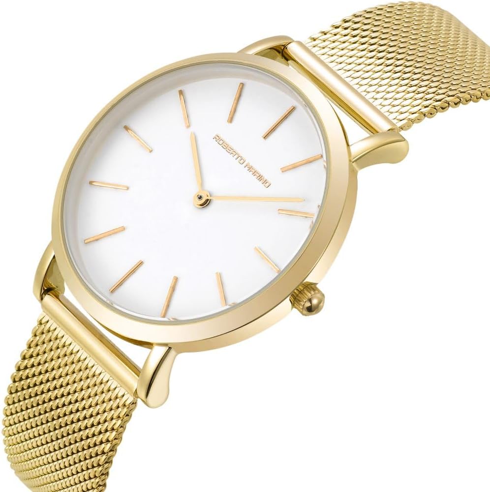 Roberto Marino RM1611 Reloj de malla para mujer – Acero inoxidable plateado, 3ATM, esfera blanca
