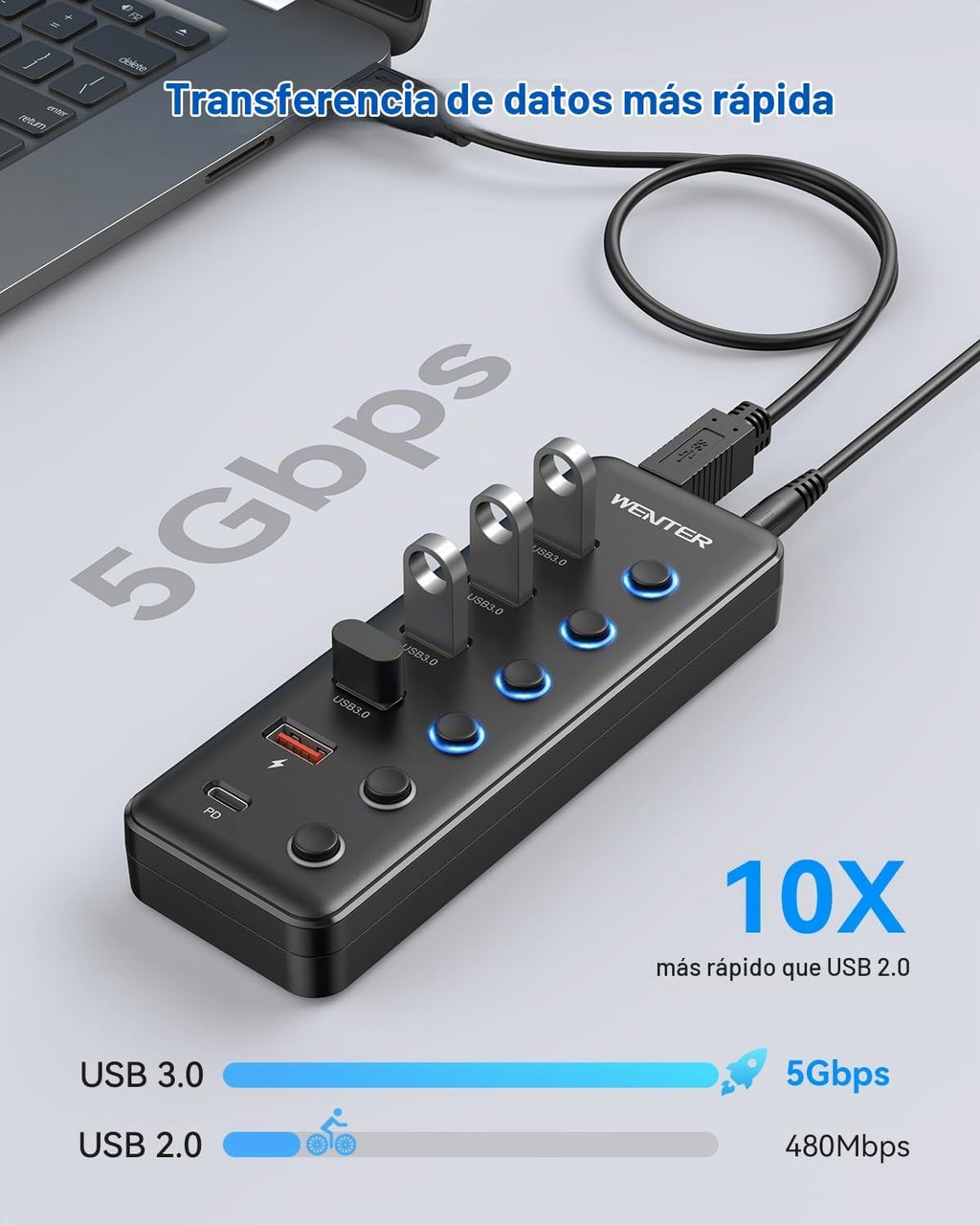 WENTER, hub USB 3.0 de 6 puertos, alimentado