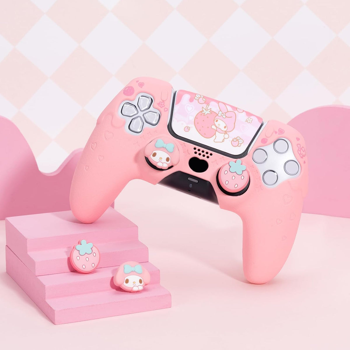 Kuitmor Juego de funda de silicona para controlador PS5, funda protectora suave antideslizante para controlador inalámbrico PS5 con 2 tapas de agarre para el pulgar y 1 adhesivo (melodía rosa)