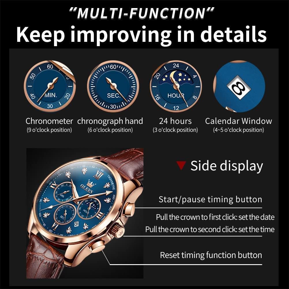 OLEVS Reloj de Hombre de Cuero con Cronógrafo Diamante Lujo Moda Vestimenta Analógico Cuarzo Pulsera Iluminada Resistente al Agua Fase Lunar Fecha
