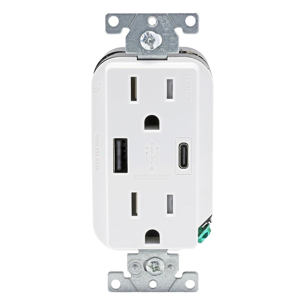 Leviton Decora - Toma de pared USB-A/C de 27 W, receptáculo TR, 15 A, AC1X3