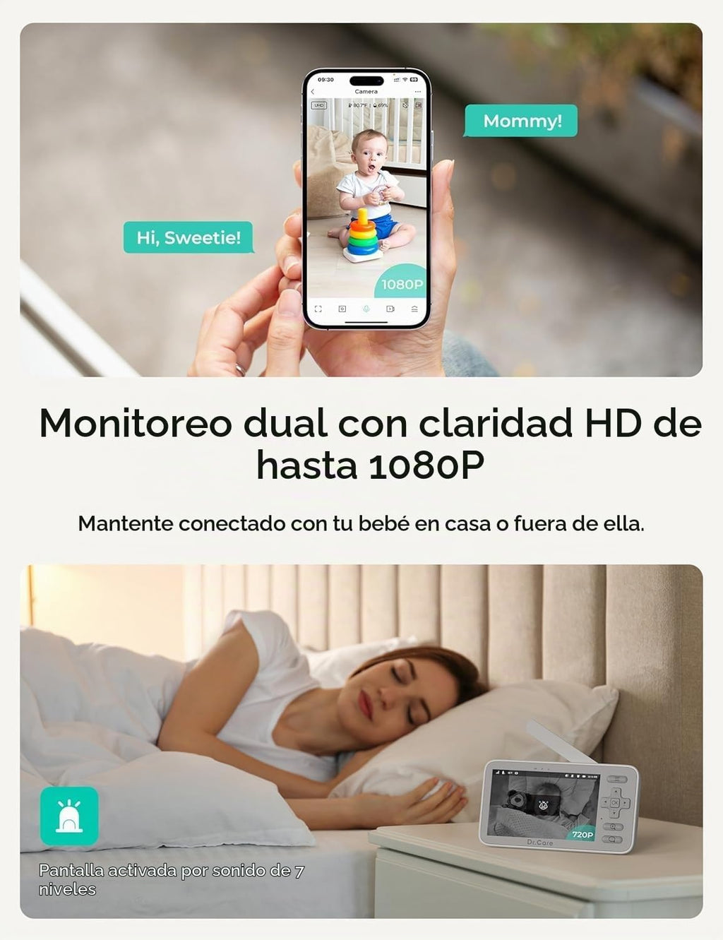 Dr.Care VistaView Lite Smart WiFi Monitor para bebé con 2 cámaras, 4" 720P