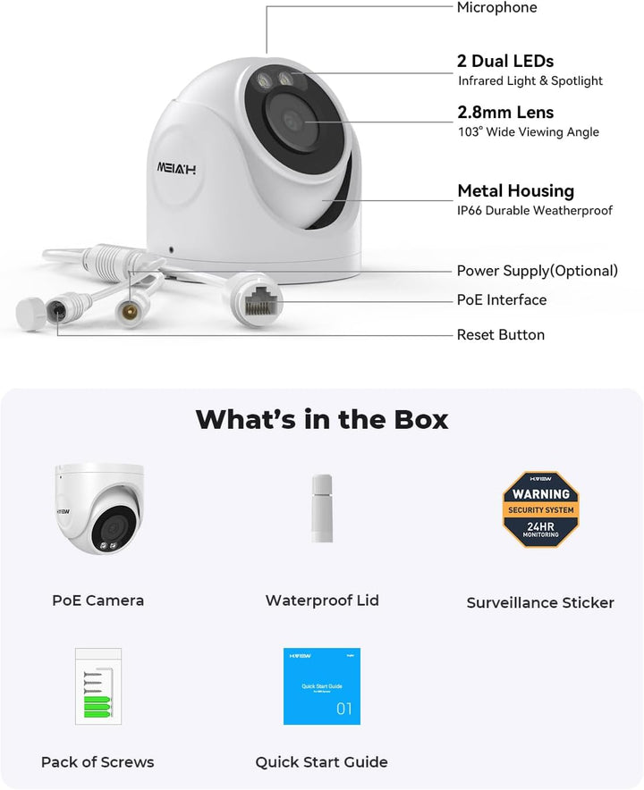 H.VIEW UltraHD 4K (8MP) Cámara PoE de seguridad IP para exteriores,...