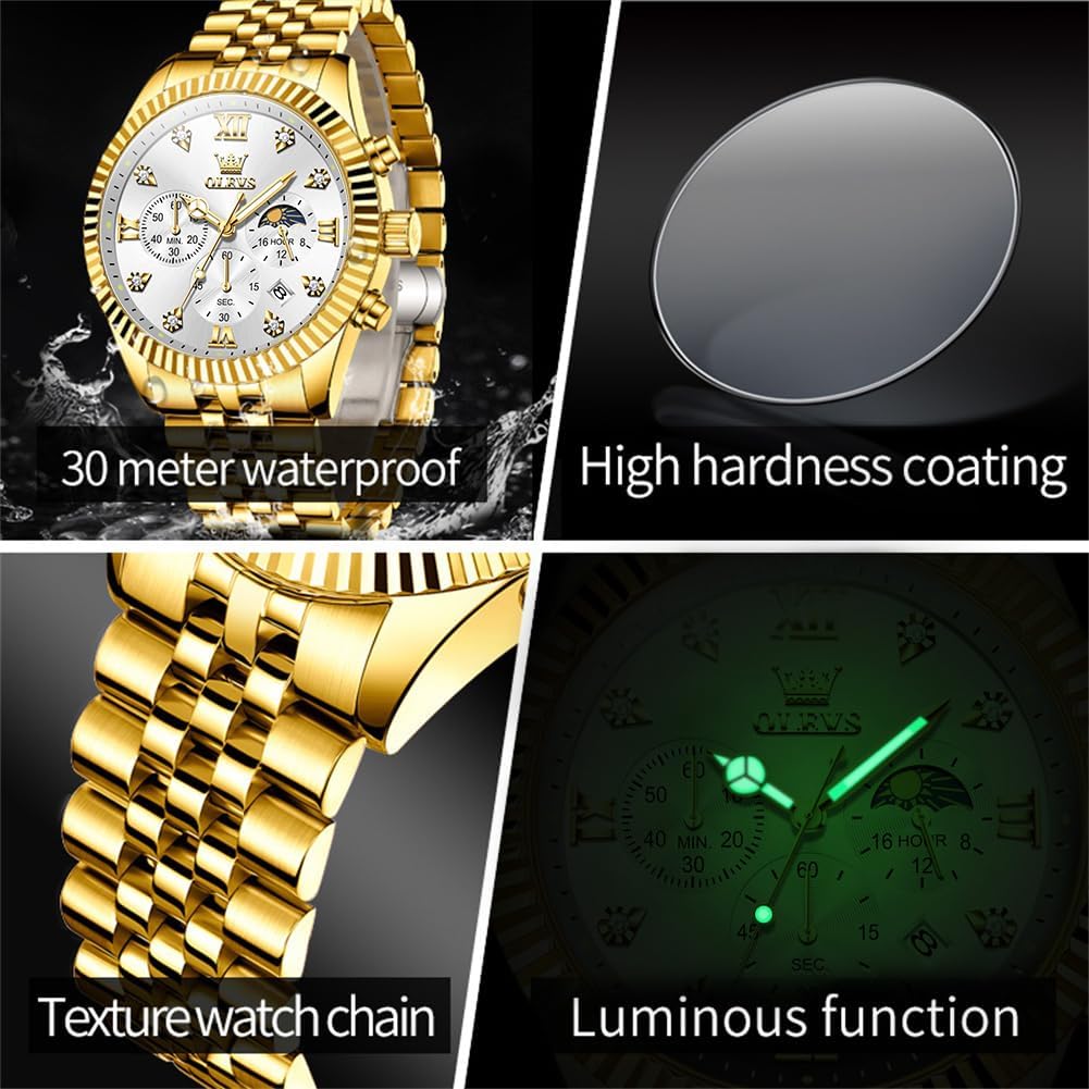 OLEVS Reloj para hombres, cuarzo, acero inoxidable, vestir, impermeable, luminoso