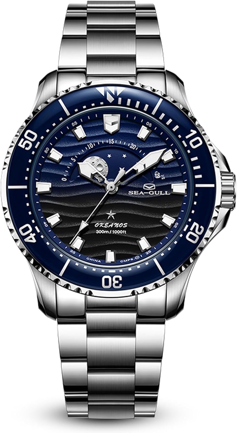 SEA-GULL Reloj divisorio 300M impermeable automático reloj de pulsera mecánico fase lunar luminiscente hombres relojes 816.32.1215