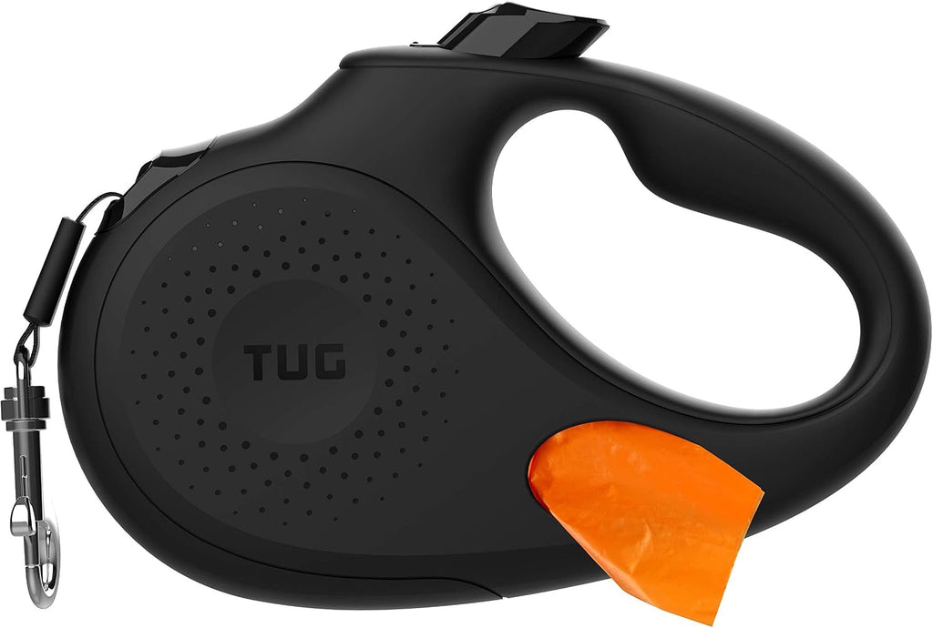 TUG Correa retráctil ovalada de 360° sin enredos para perro con dispensador de bolsas para desechos integrado (Grande, Negro)