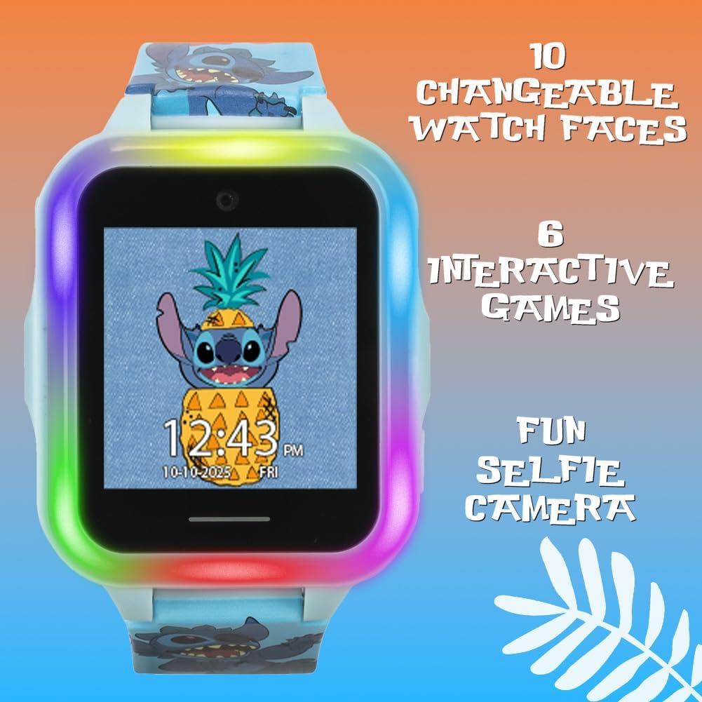 Disney Stitch - Reloj inteligente interactivo para niños con pantalla táctil, cámara, juegos, podómetro, grabadora de voz y alarma para niños y niñas a partir de 6 años, banda de personajes azul