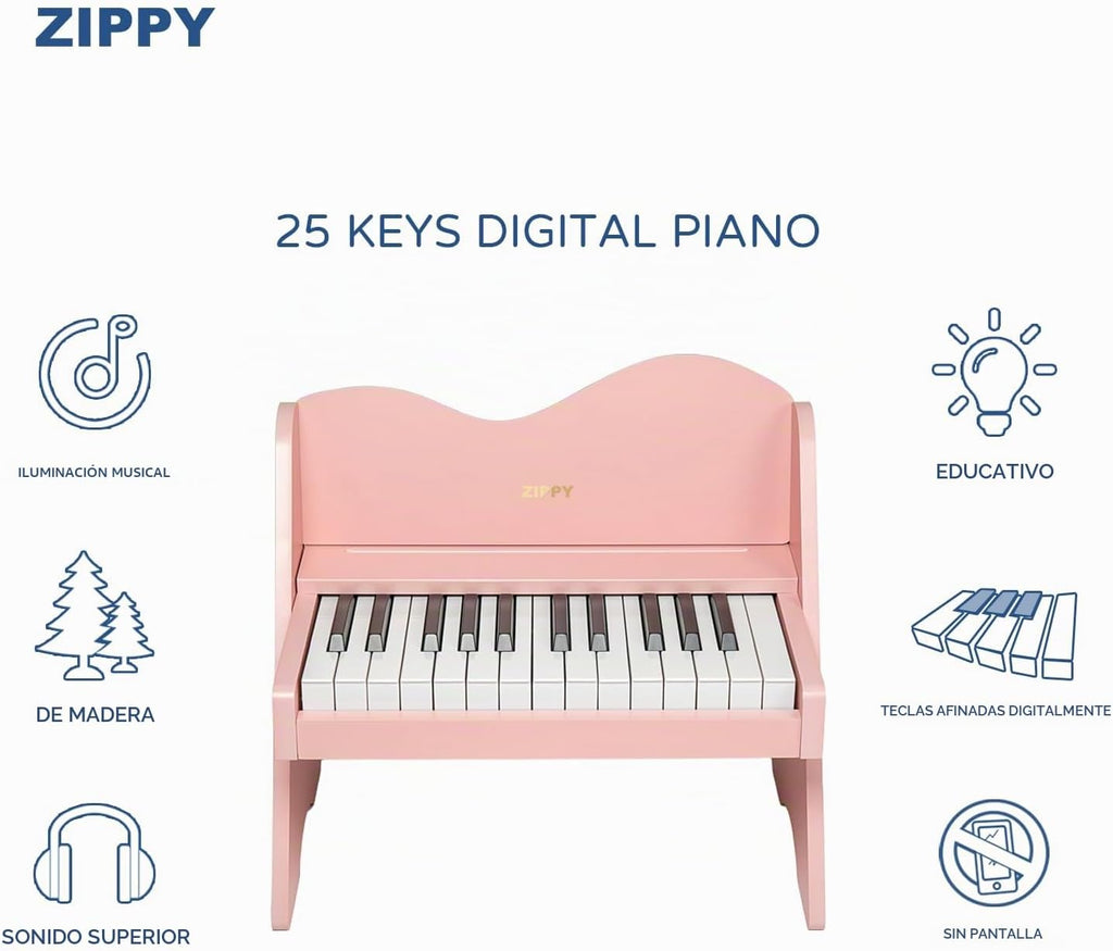 Teclado de Piano para Niños ZIPPY, Piano Digital de 25 Teclas para Niños, Volumen Ajustable, Mini Instrumento Educativo Musical de Juguete, Juguete de Madera para Niñas y Niños Pequeños (Rosa)
