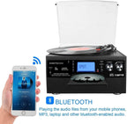 Tocadiscos Bluetooth 10 en 1 con altavoz incorporado, reproductor de discos de vinilo, casete de CD y radio FM, AUX en USB grabación MP3 conector de auriculares, sistema estéreo compacto para