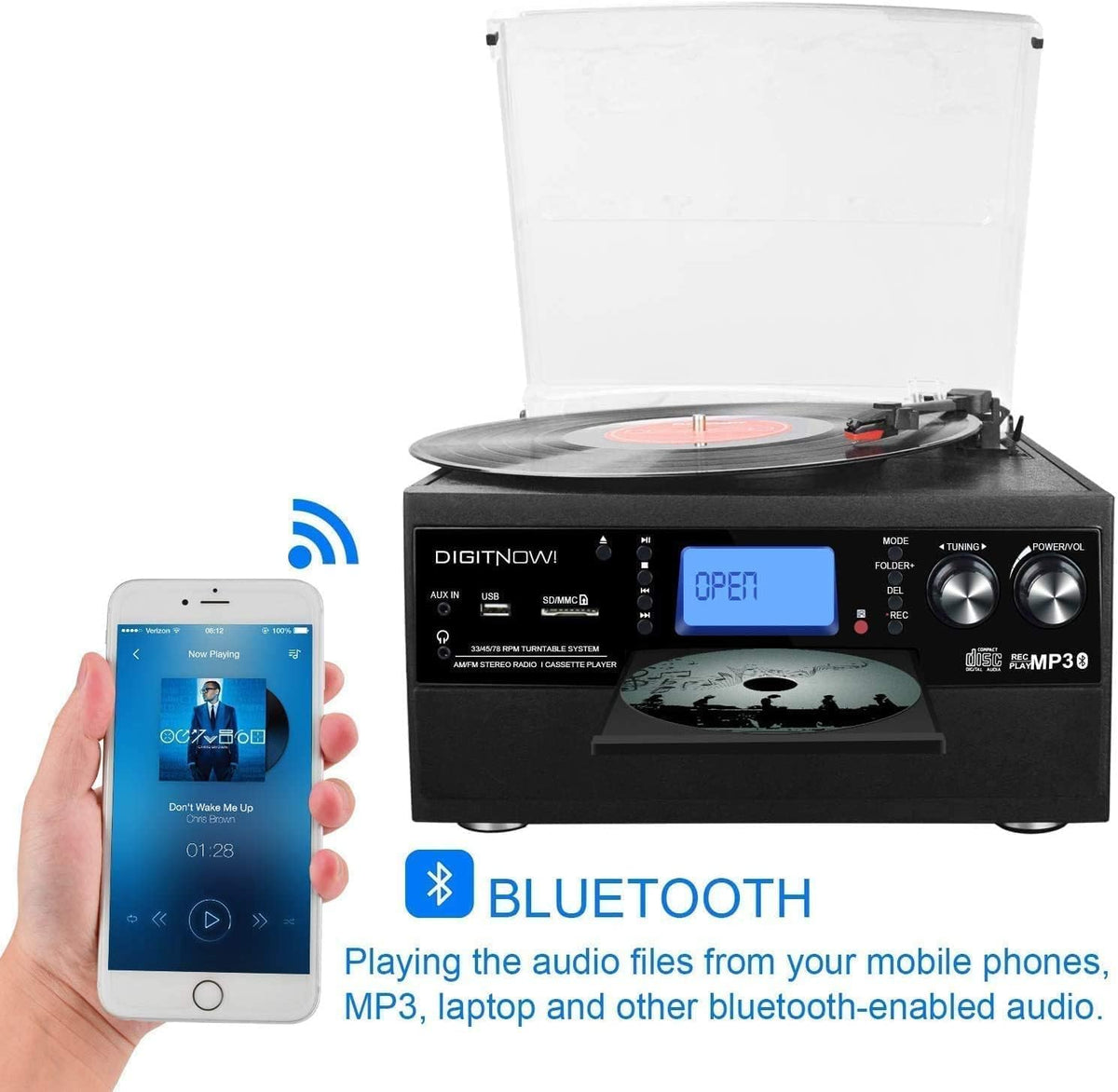 Tocadiscos Bluetooth 10 en 1 con altavoz incorporado, reproductor de discos de vinilo, casete de CD y radio FM, AUX en USB grabación MP3 conector de auriculares, sistema estéreo compacto para
